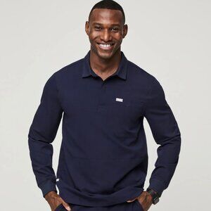 Figs Navy Blue Long sleeve Polo scrub shirt, Mens SMALL